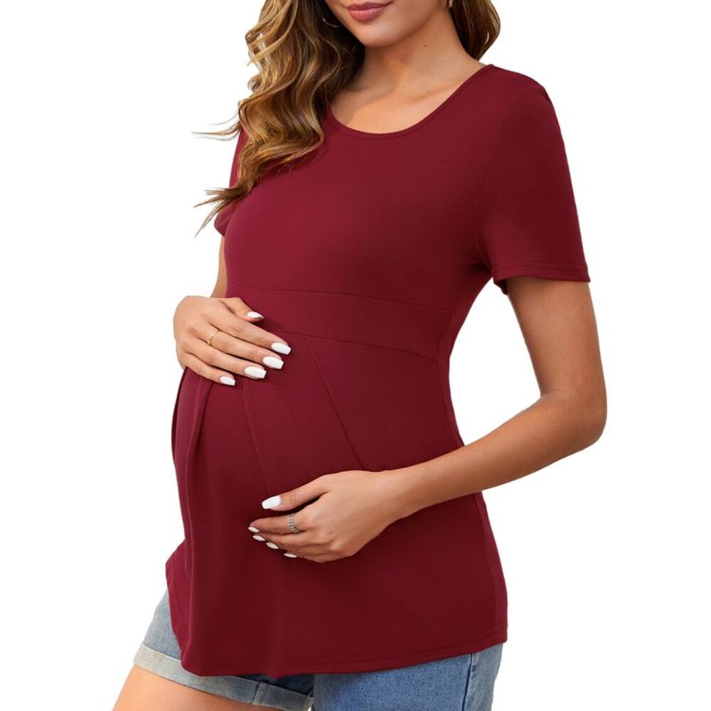 Maternity Short Sleeve Crewneck Wrinkle Design Waist Tiered T-Shirt Red